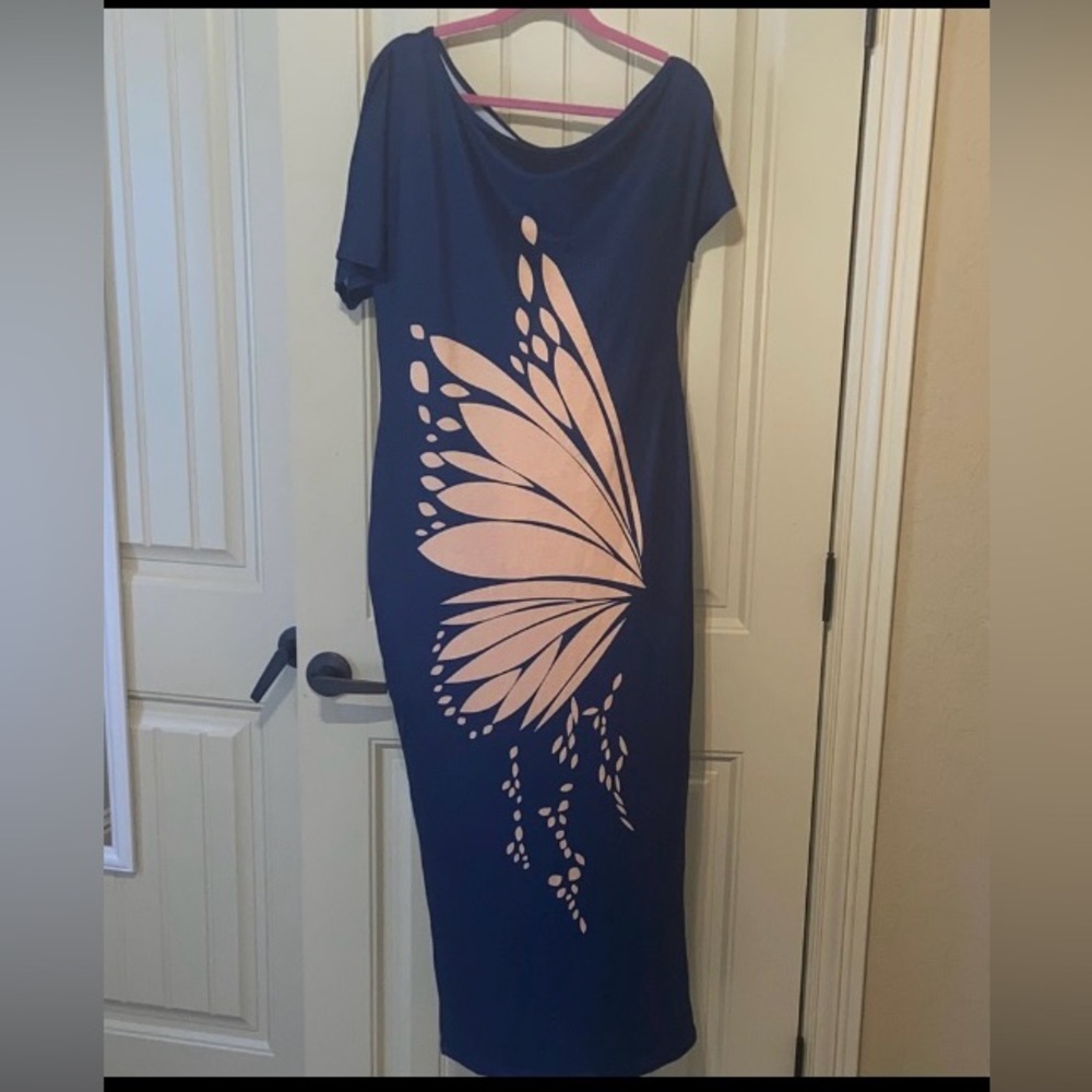 SHEIN Navy Blue One Shoulder Dress with Cream Butterfly Design